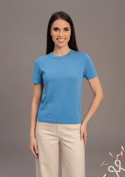 Kék női szűk kötött pulóver rövid ujjal – Magenta Árkád