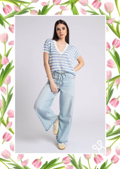 Magenta Árkád nyári pulóver – kék csíkos, rövid ujjú, laza fazon