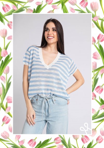 Magenta Árkád nyári pulóver – kék csíkos, rövid ujjú, laza fazon