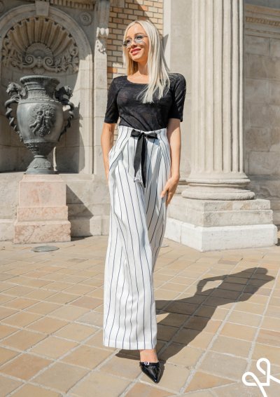 Magenta Árkád - Csíkos, bő szárú női nadrág megkötővel