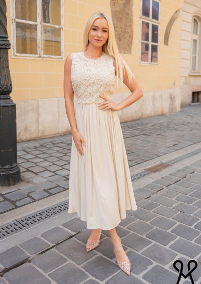Magenta Árkád - Vaj színű csipkés A-vonalú női ruha