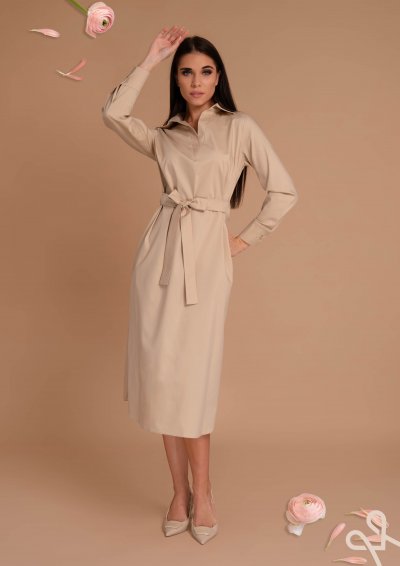 Világos bézs vászonruha női V-nyakkal – Magenta Árkád