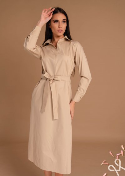 Világos bézs vászonruha női V-nyakkal – Magenta Árkád