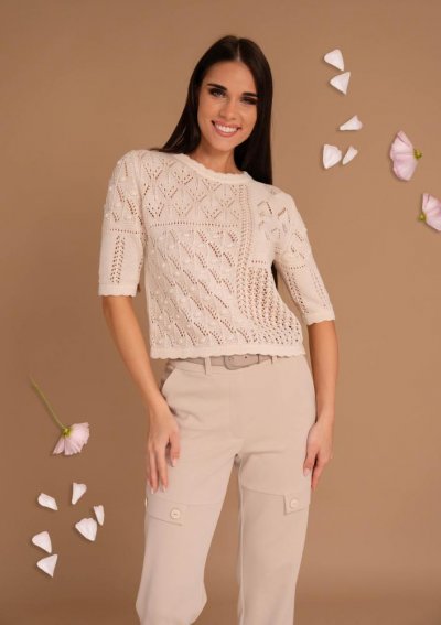 Vajszínű kötött női pulóver rövid ujjal – Magenta Árkád