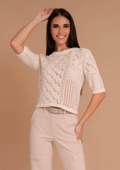 Vajszínű kötött női pulóver rövid ujjal – Magenta Árkád