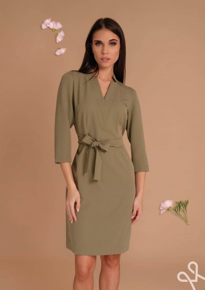 Khaki női térd fölé érő ruha V-kivágással – Magenta Árkád