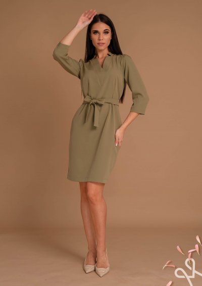 Khaki női térd fölé érő ruha V-kivágással – Magenta Árkád