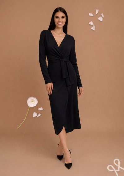 Fekete kötött midi női ruha megkötővel – Magenta Árkád