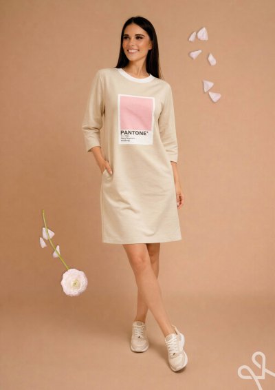 Bézs színű filmnyomott laza női ruha - Magenta Árkád 