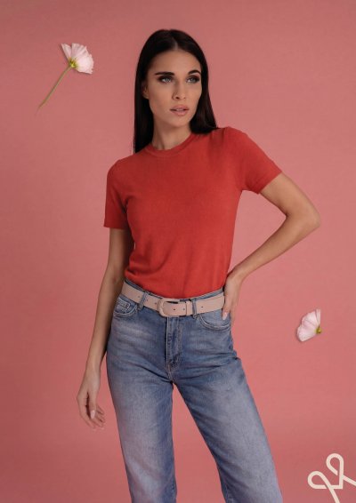 Terrakotta női szűk kötött pulóver rövid ujjal – Magenta Árkád