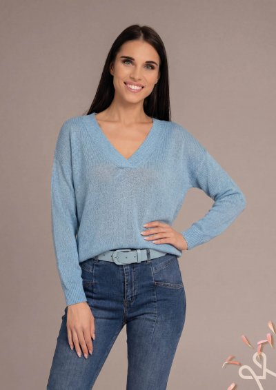 Kék színű női kötött pulóver V-kivágással – Magenta Árkád
