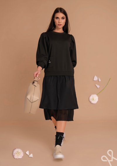 Fekete puntó midi ruha átlapolt résszel - Magenta Árkád 